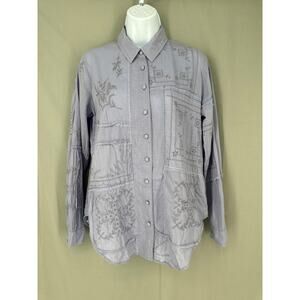 Anthropologie Top Women XS Blue Patchwork Eyelet Button Boho Cottage Embroidered